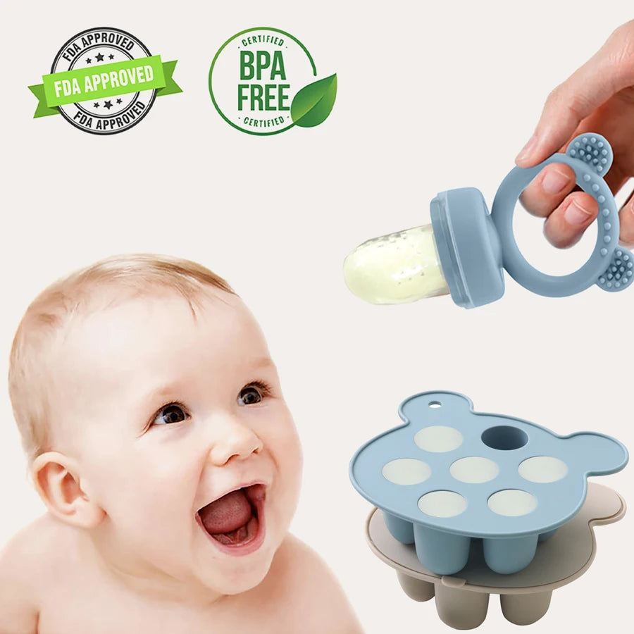 Silicone Baby Food Freezer Tray with Teething Popsicle Molds - Baby Fruit Feeder and Breastmilk Teether Combo