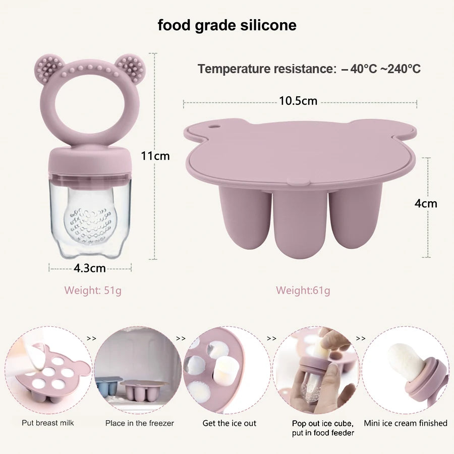Silicone Baby Food Freezer Tray with Teething Popsicle Molds - Baby Fruit Feeder and Breastmilk Teether Combo