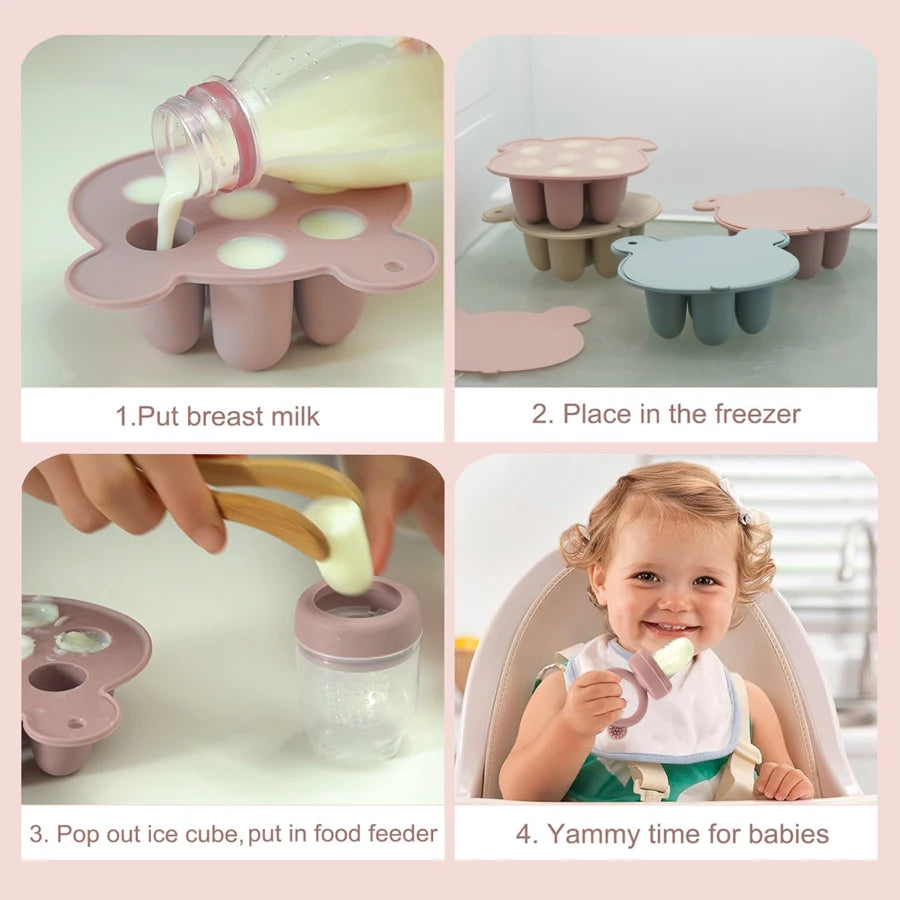 Silicone Baby Food Freezer Tray with Teething Popsicle Molds - Baby Fruit Feeder and Breastmilk Teether Combo