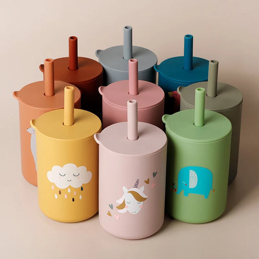 Baby Feeding Straw Cup | Cartoon Silicone Toddler Water Bottle | BPA-Free, Food-Grade Learning Cup for Toddler